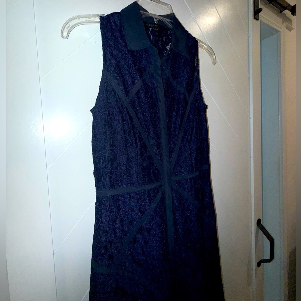 Aidan Mattox sz 4 twilight blue floor length lace gown dress buttons collar $700 - Picture 11 of 16